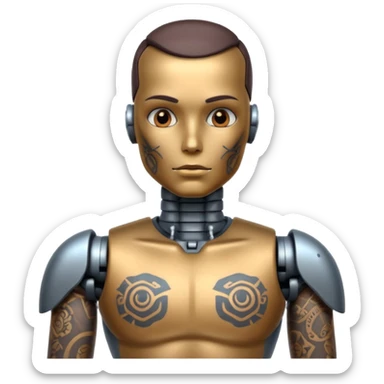 Tatooed robot, big many tatooes on chest, neck and face sticker