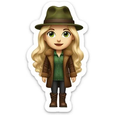 Realistic White girl with Long straight blonde hair, green eyes, tattoos, full body wearing Brown fur coat and fur hat and Brown leather boots, walking sticker