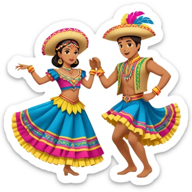 Cinematic Realistic scene of two dancers performing Cumbia, adorned in colorful traditional Colombian costumes with intricate details, captured in rhythmic motion with lively, festive lighting sticker