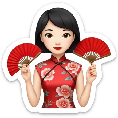a chinese woman wearing a cheongsam holding a folding fan elegantly with fancy, red lipstick and short black hair sticker