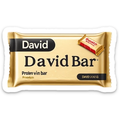 protein bar gold wrapper that says David on it in black font with a small brown box on it  sticker