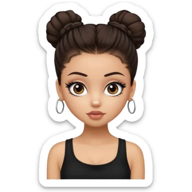 generate a pretty bratz girl in black cami top, dark brown messy bun, eyeliner on. dark brown eyes sticker