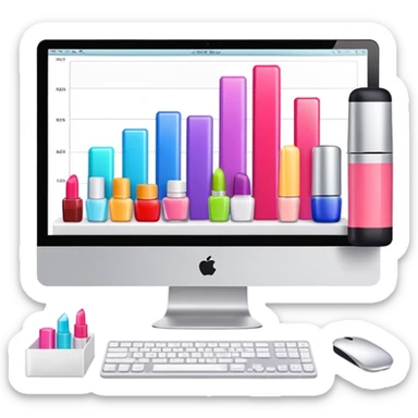 iMac computer with bar charts and beauty products like lipstick, nail polish, cream jars on the screen sticker