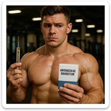 realistic young athlete with swollen muscles but marked skin holding syringe of testosterone and box of aromatase inhibitor, doubtful look, gym background, 4K quality sticker