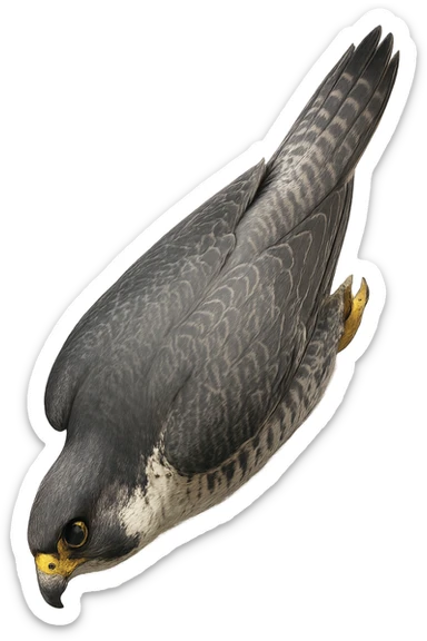 A realistic falcon in a downward spiral, wings tucked, sense of speed, no background sticker