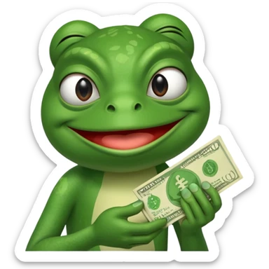 Pepe the frog sniffing a wad of money in his hand and smiling sticker