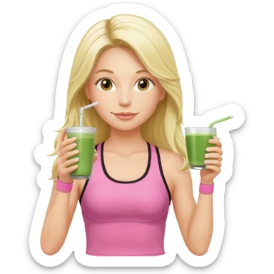 long haired blonde pilates instructor in pink drinking matcha in cute set sticker
