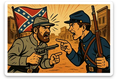 A former Confederate American Civil War soldier with his gun and a confederate flag in an argument with a former Union Civil War soldier with his rifle. In the background a wild west settlement town sticker