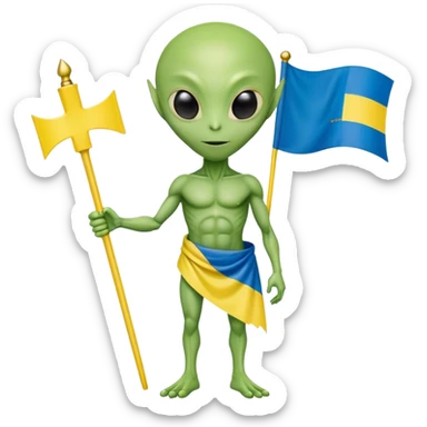 Green alien with Ukraine flag sticker