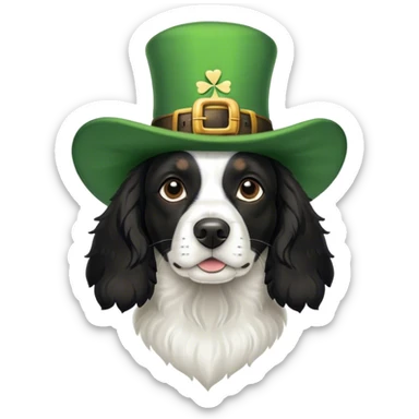 Black and white springer spaniel dog wearing a st Patrick’s day hat sticker