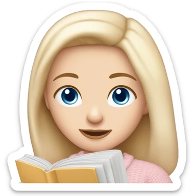 Pretty blue eyed white girl with light pink sweater reading cozy sticker