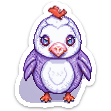 a chicken-pig-penguin creature with a purple nose and red teeth, pixel art style sticker