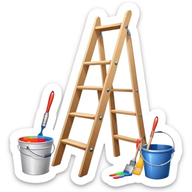 Wall painting icon. An unfinished painting painted on a white wall with no frame, visible paintbrushes, rollers, and a bucket of paint, wooden ladder beside, minimalistic style, clean lines, transparent background. sticker