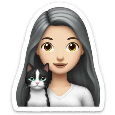 White girl with long black hair and black eyes holding a grey cat sticker