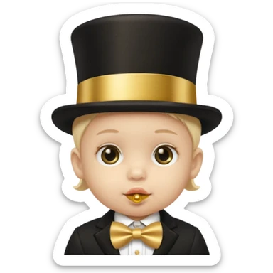 a baby's face in a black top hat with a gold stripe and a gold pacifier sticker