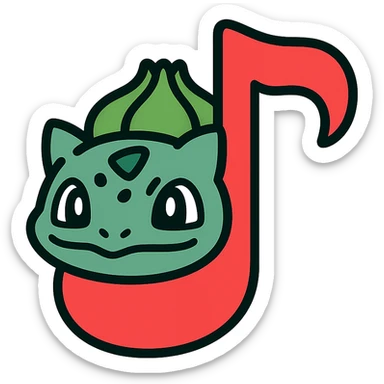 Bulbasaur inspired red music note app icon, simple modern style, red color, music note with Bulbasaur features, app icon style sticker