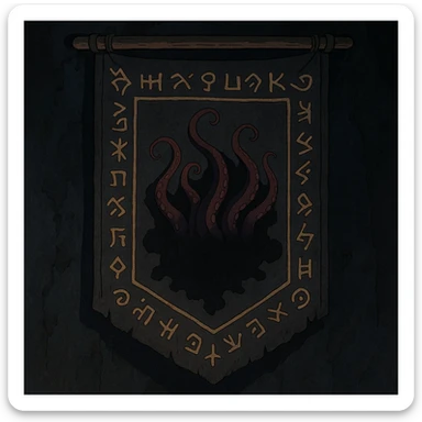 creepy banner, eldritch tentacles emerging from shadows, ancient runes, cosmic horror style sticker