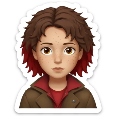 Hobo tomboy with light skin, freckles, dark brown shoulder-length hair in a messy style, brown eyes, dark brown coat, dull red shirt. sticker