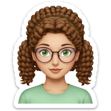 iranian woman, tight curly light brown hair in pony tail, glasses, green eyes, pretty, oval shape face sticker