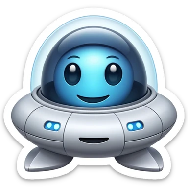 Design a simple, friendly spaceship with a smooth, rounded shape. Add a clear 'face' on the front using glowing lights for eyes and a curved line for a smile, giving it personality. Use a plain background to keep the focus on the ship sticker