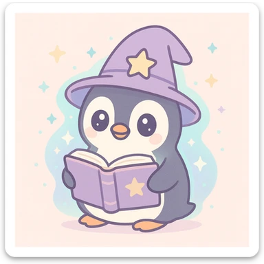 adorable penguin wizard reading a spellbook with a magical aura, cute style sticker