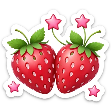 Two strawberries with a pink bow on the stem, with a pink background and white stars sticker