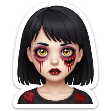 garota zumbi com franja, cabelo preto, maquiagem escura, aparência misteriosa, estilo emoji de iPhone sticker