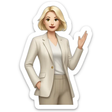 Full height Actively gesturing with hands pale skin woman with ash blonde Straightened bob Hair, White Spacious classical jacket, beige palazzo Arrow pants and gray blouse sticker