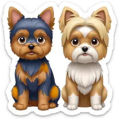 Generate a blue and tan purebred yorkie with a blonde shi tzu yorkie mix with floppy ears sitting next to each other. Make them the same size sticker