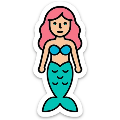 full length mermaid with pink hair, blue eyes, turquoise green tail, minimal detail, lineal color icon style sticker