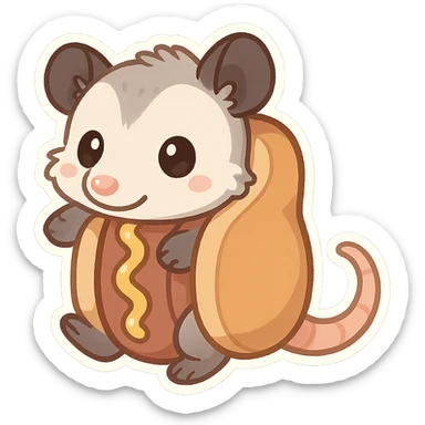 cute cartoon possum dressed up like a hot dog, sticker style, transparent background sticker
