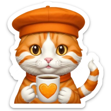 Orange cat, wear beret hat, holding coffee mug sticker