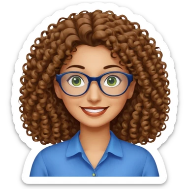 40 yr old Iranian woman, light brown very curly thick hair, shoulder length hair, green eyes, tan skin, big smile, big glasses, with pretty blue blouse sticker