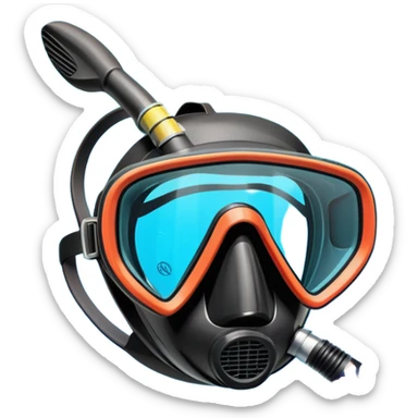 An icon featuring a close-up of a diving mask, snorkel, and fins floating on the surface of vibrant blue water. In the background, coral reefs and tropical fish create a lively underwater scene. Transparent background highlights the beauty and adventure of the diving experience. sticker