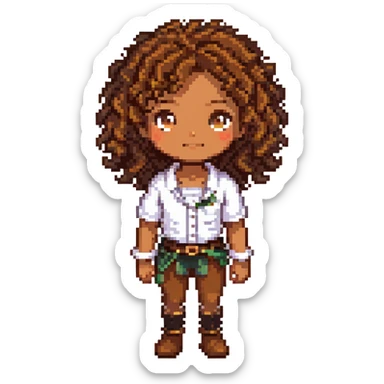 character with curly brown hair, brown eyes, brown skin sticker