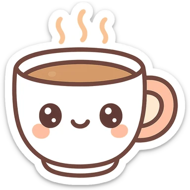 cup of coffee, kawaii chibi anime style, flat pastel colors, thick outlines, simple cute features sticker
