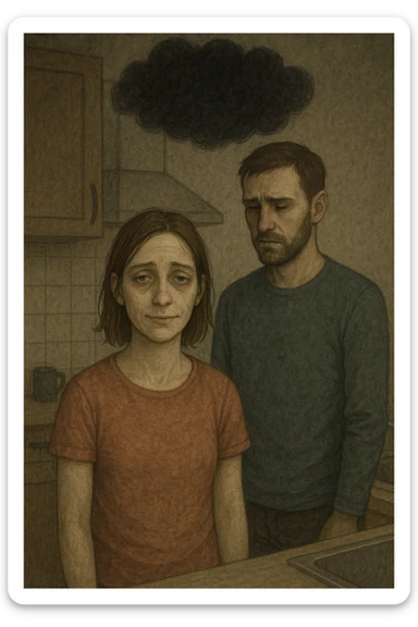 Vertical format: A couple in a kitchen, the woman trying to smile but appearing empty and drained, the man with a black cloud above his head, creating a heavy and tense atmosphere. sticker