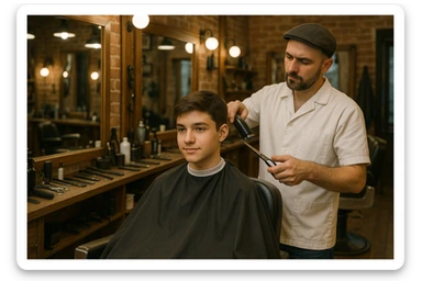 sartaroshxonada ishlayotgan o'smirin bola soch olayapti sticker