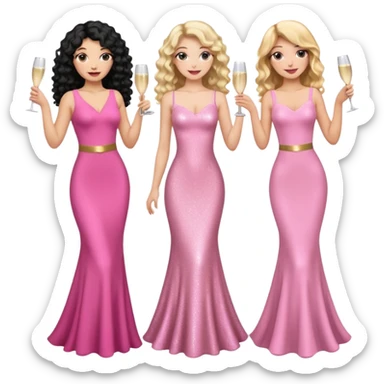 Three woman, one with black curly long hair and pink tight sparkly dress, the other with brown straight long hair and with pink tight sparkly dress and the last one with long blonde wavy hair and with pink tight sparkly dress celebrating with pink champagne sticker