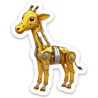 Una girafa robotica con patrones de circuitos brillantes en su piel, piernas con juntas móviles y piezas de metal relucientes sticker