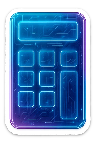 Transform the Windows Calculator icon into a cyberpunk, holographic style with glowing neon blue and pink edges, circuit patterns throughout the entire icon, and a transparent background. Maintain the recognizable calculator shape and buttons, overlaying neon and circuit effects in a consistent futuristic, clean cyberpunk glow style with intricate circuit details. sticker