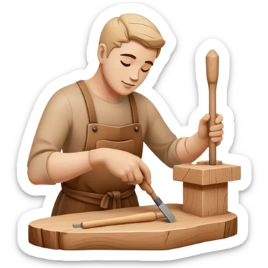 Wood sculptor icon, master carving a wooden sculpture, chisel and mallet in hand, carved wooden figure in progress, natural wood texture, minimalistic style, clean lines, transparent background. sticker