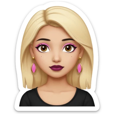 Sweet Indian girl blonde hair darkbrow eyes brown lipstick, pink blush, black top gold earrings, brown eyebrows gold eyeshadow  sticker