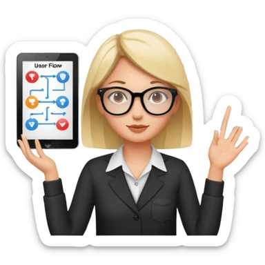 female designer presenting user flow chart sticker