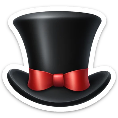 A black top hat displaying a red ribbon around the base. The ribbon forms a visible bow at the front, with the ends falling slightly over  sticker