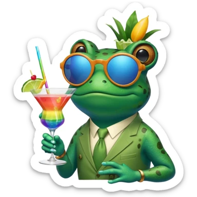 Bufo frog with blue sunglasses, sipping a rainbow cocktail, in bufo style, transparent background sticker
