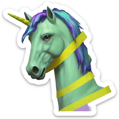 Pixel art of Zombie Vaporwave black holographic oilslick zombie unicorn yellow caution tape sticker