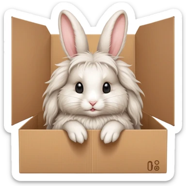  A very cute young Angora long haired rabbit  with one's head tilted to one side poked its paws out of the cardboard big box and placed them on top of it sticker