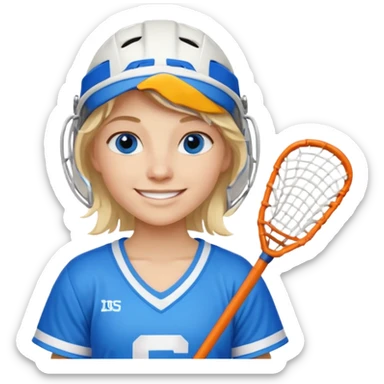 Blonde white with blue eyes lacrosse player holding one lacrosse stick wearing blue and white gear  sticker