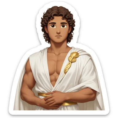 Cinematic Realistic Hercules Portrait, depicted as a classical Greek hero inspired by the Disney version yet echoing the refined proportions and serene dignity of Michelangelo's David. His idealized, sun-kissed tan skin glows with timeless strength, and his thick, curly wavy dark brownhair falls in natural, sculpted curls. Draped in a flowing white robe with delicate golden accents, his expressive eyes radiate determined nobility, all rendered under dynamic natural lighting with a mythic, radiant glow. sticker